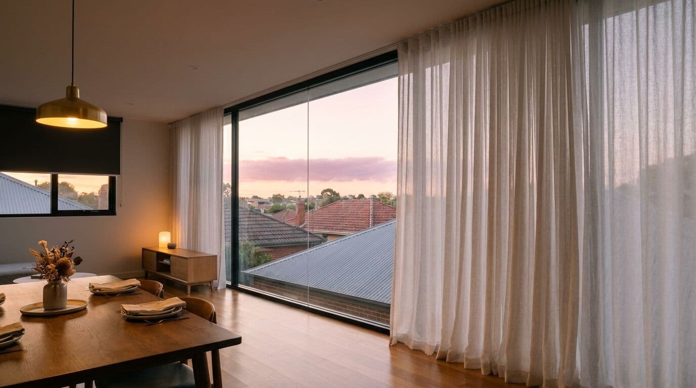 Melbourne home at dusk with professionally fitted window coverings