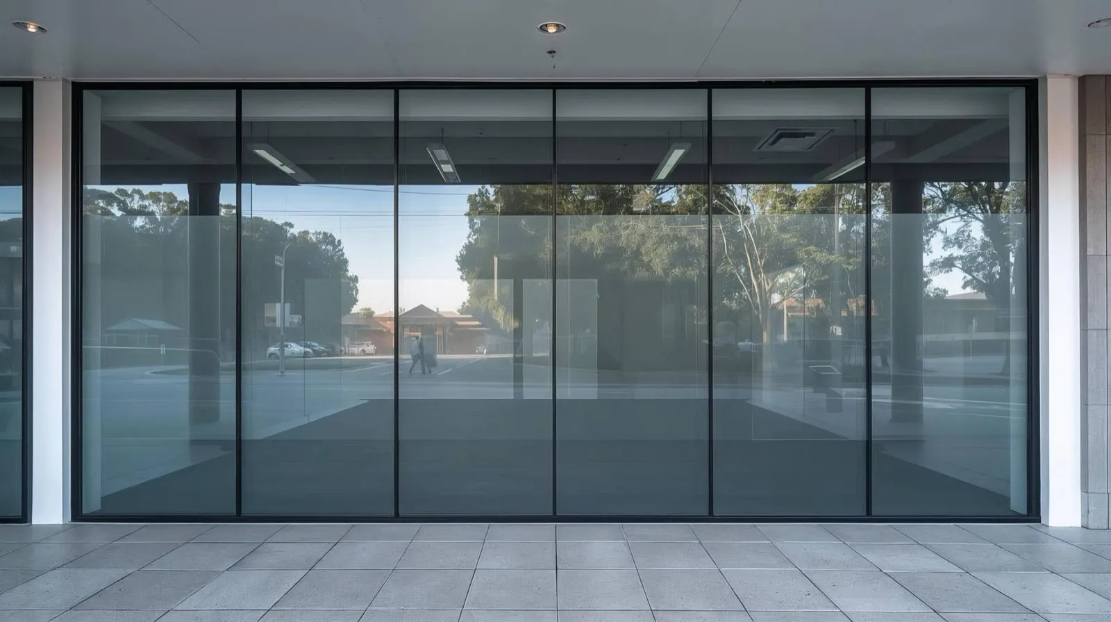 Professional window tint on a commercial storefront