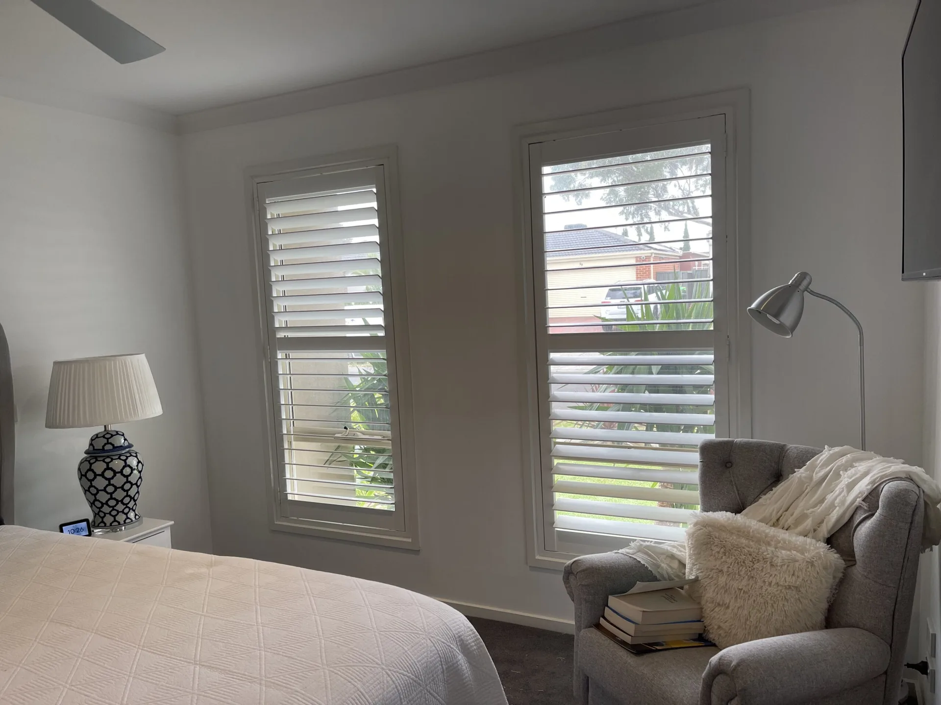 Plantation shutters installed in a bedroom in Epping