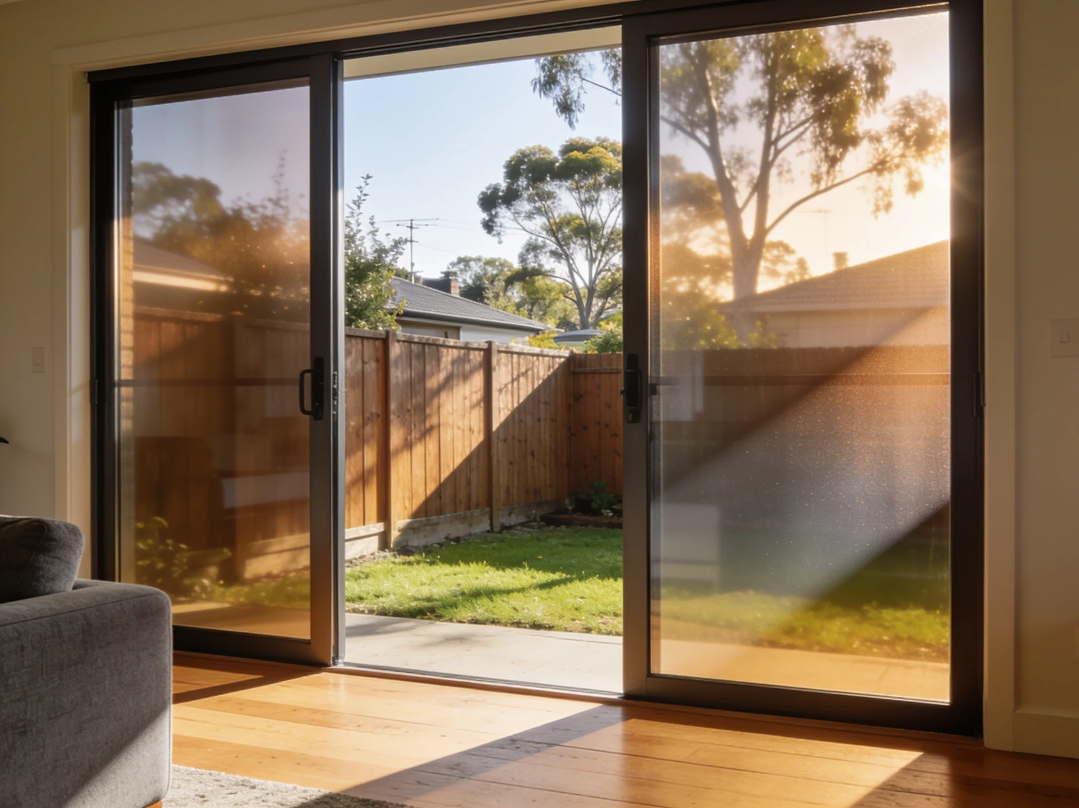 Solar window film installed on residential sliding doors with subtle tint