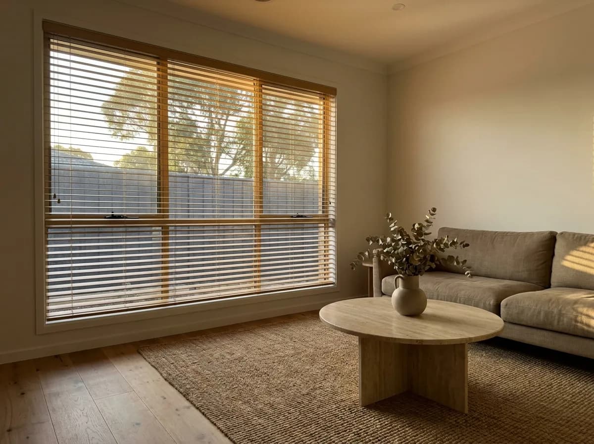 Timber venetian blinds in a Melbourne living room with afternoon light